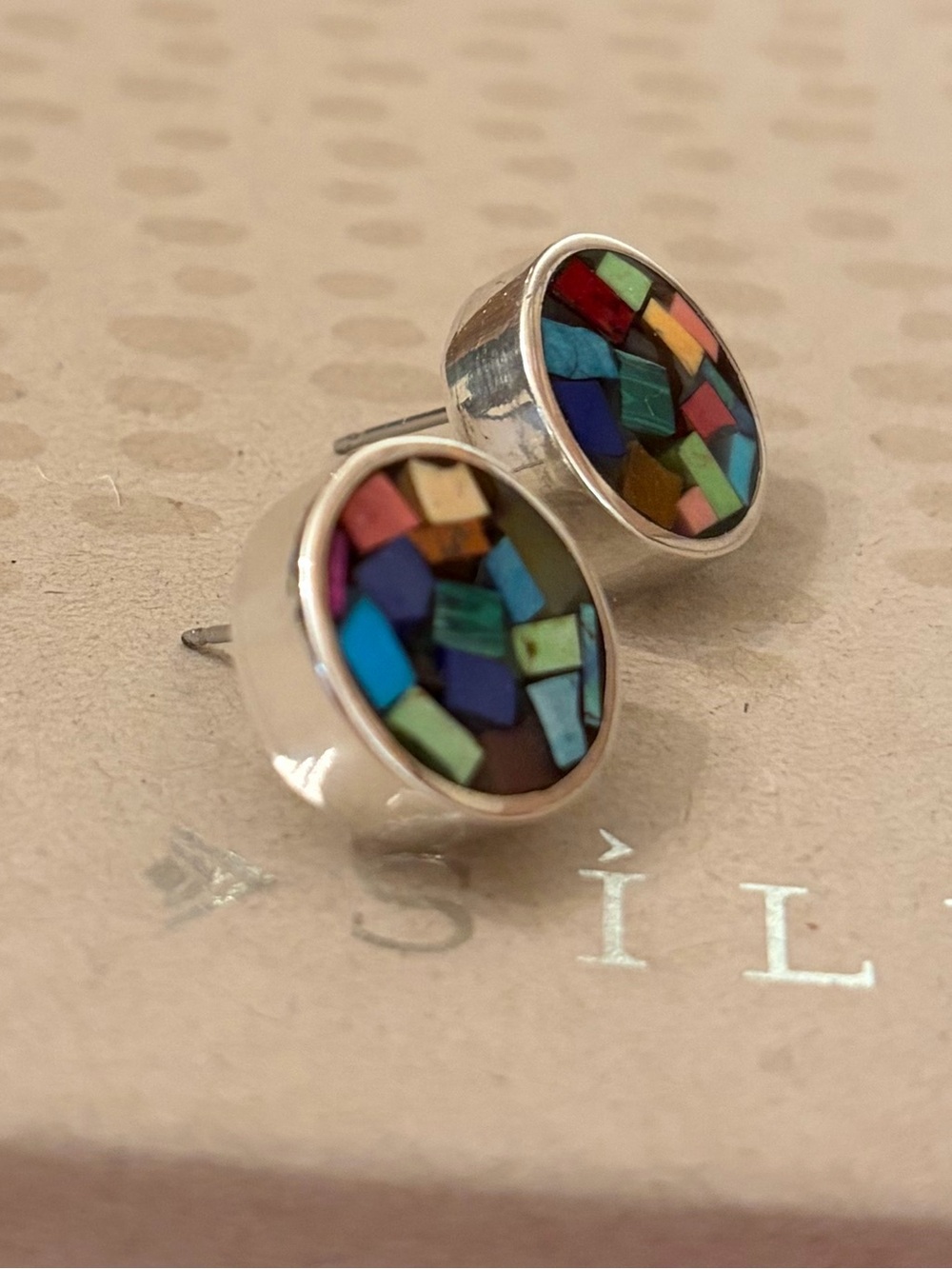 Vintage Silpada Multi-Colored Mosaic Earrings Encased in Sterling Silver P0740